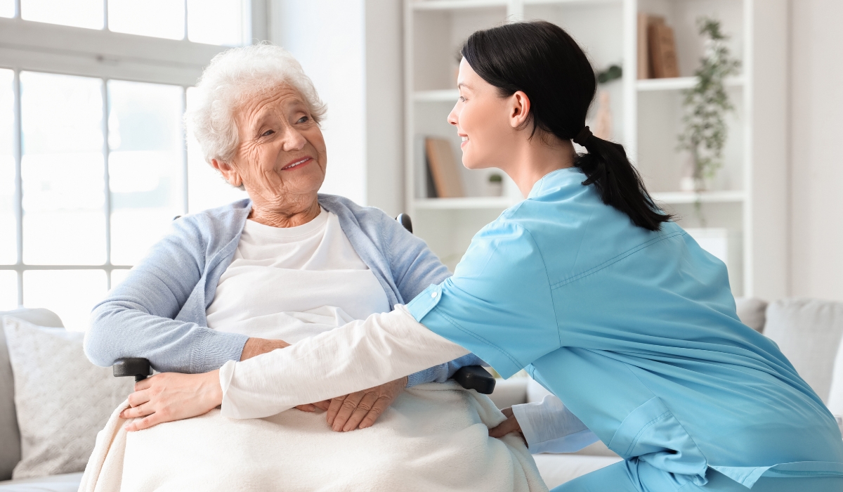 A modern, well-furnished nursing home in Hadayek Helwan with clean rooms, greenery, and smiling elderly residents receiving care.