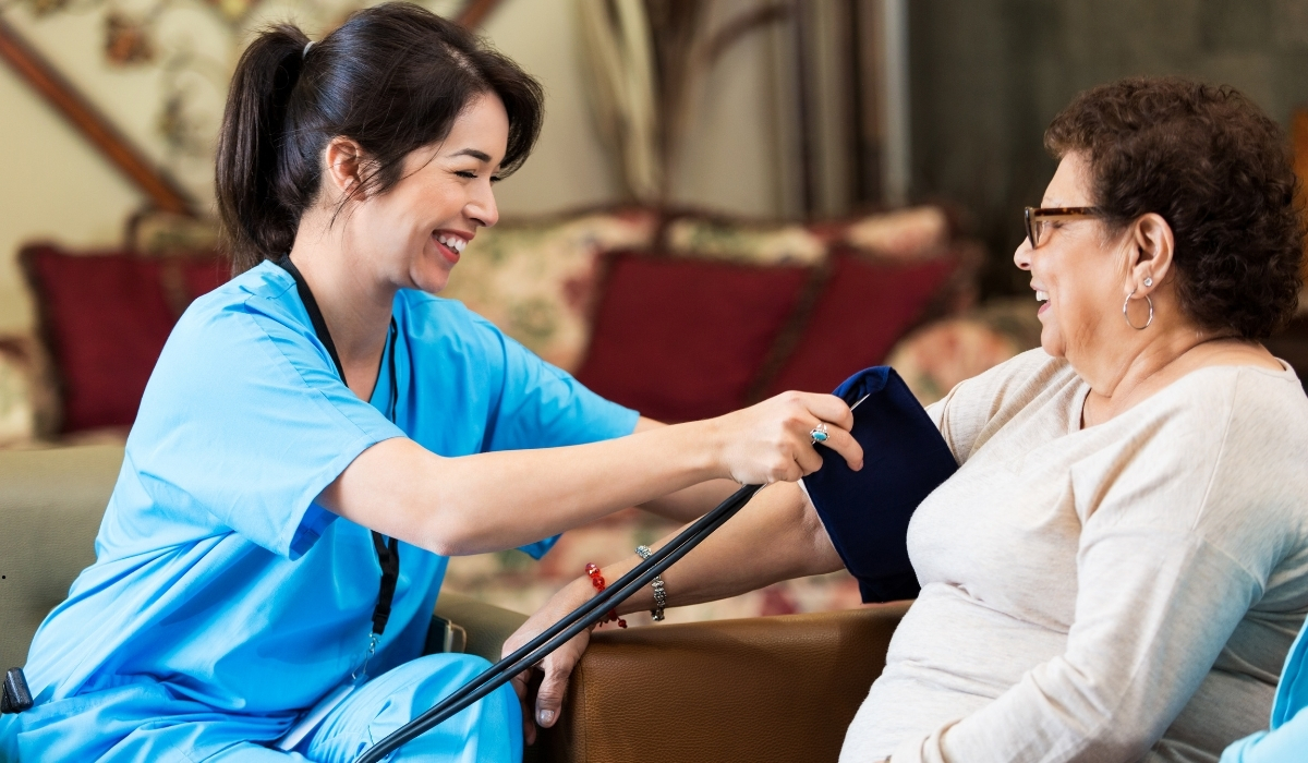 Elderly residents receiving compassionate care in a modern medical nursing home